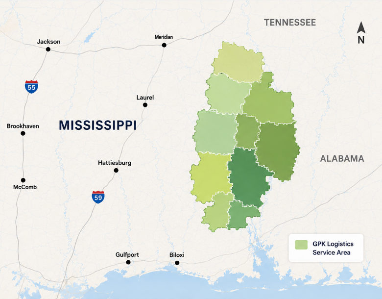 Mississippi map highlighting the GPK Logistics service area east and southeast of Hattiesburg